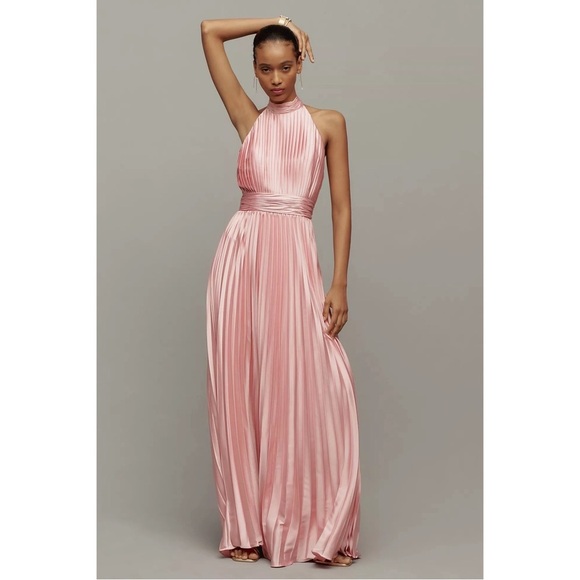 ANTHROPOLOGIE Mac Duggal Satin Pleated Halter High Neck Gown Maxi Dress Pink NWT - Picture 9 of 12
